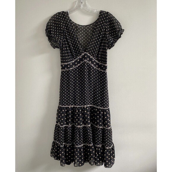 BCBG maxazria 100% Silk Size 6 Short Sleeve Black W/ Brown Polka Dots Dress - Picture 1 of 7